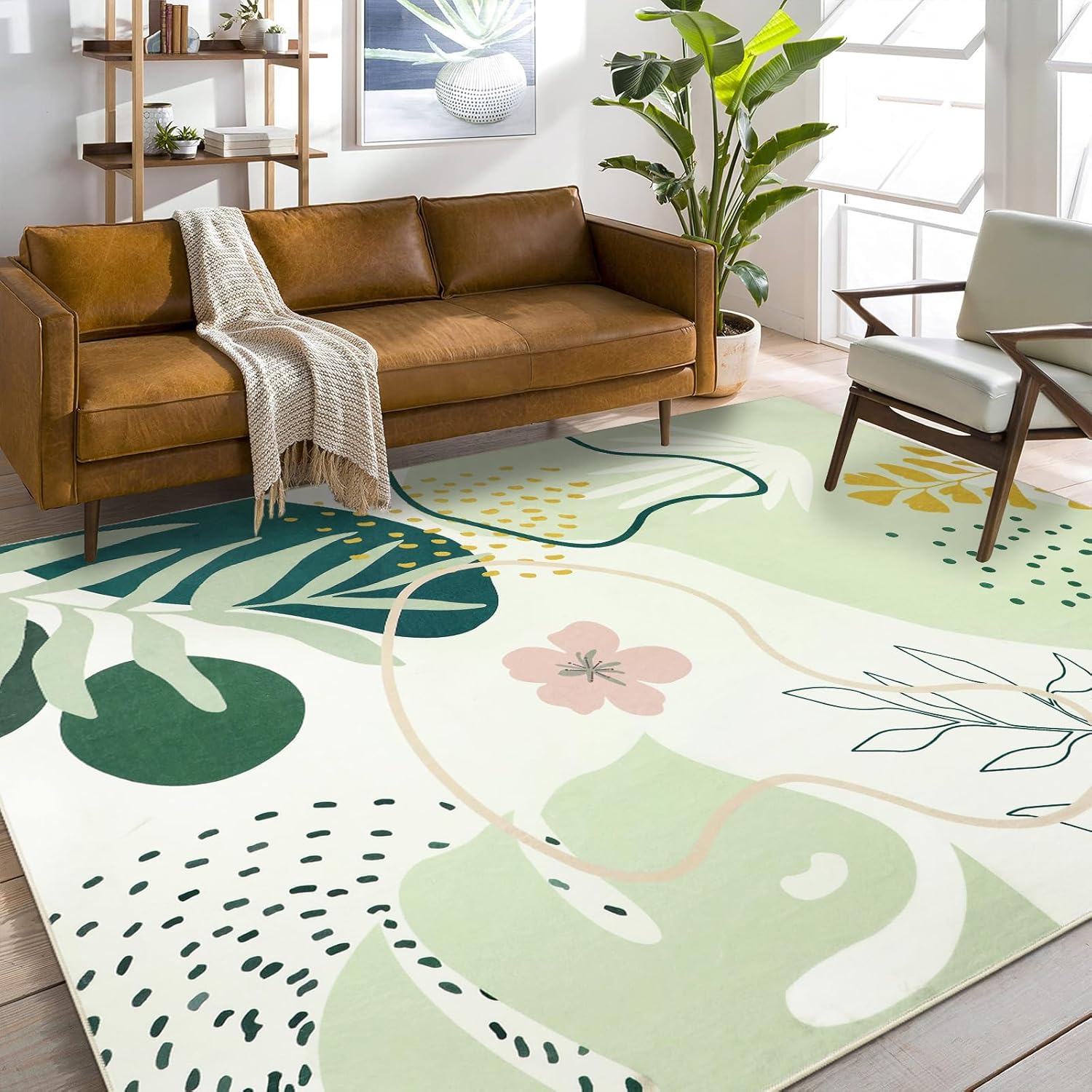 Capslpad Area Rugs 8x10, Boho Rug for Living Room, Washable Rugs, Low Pile Soft Non-Shedding, Green Botanical Print Rug for Bedroom, Office, Classroom, Nursery, Dining Room