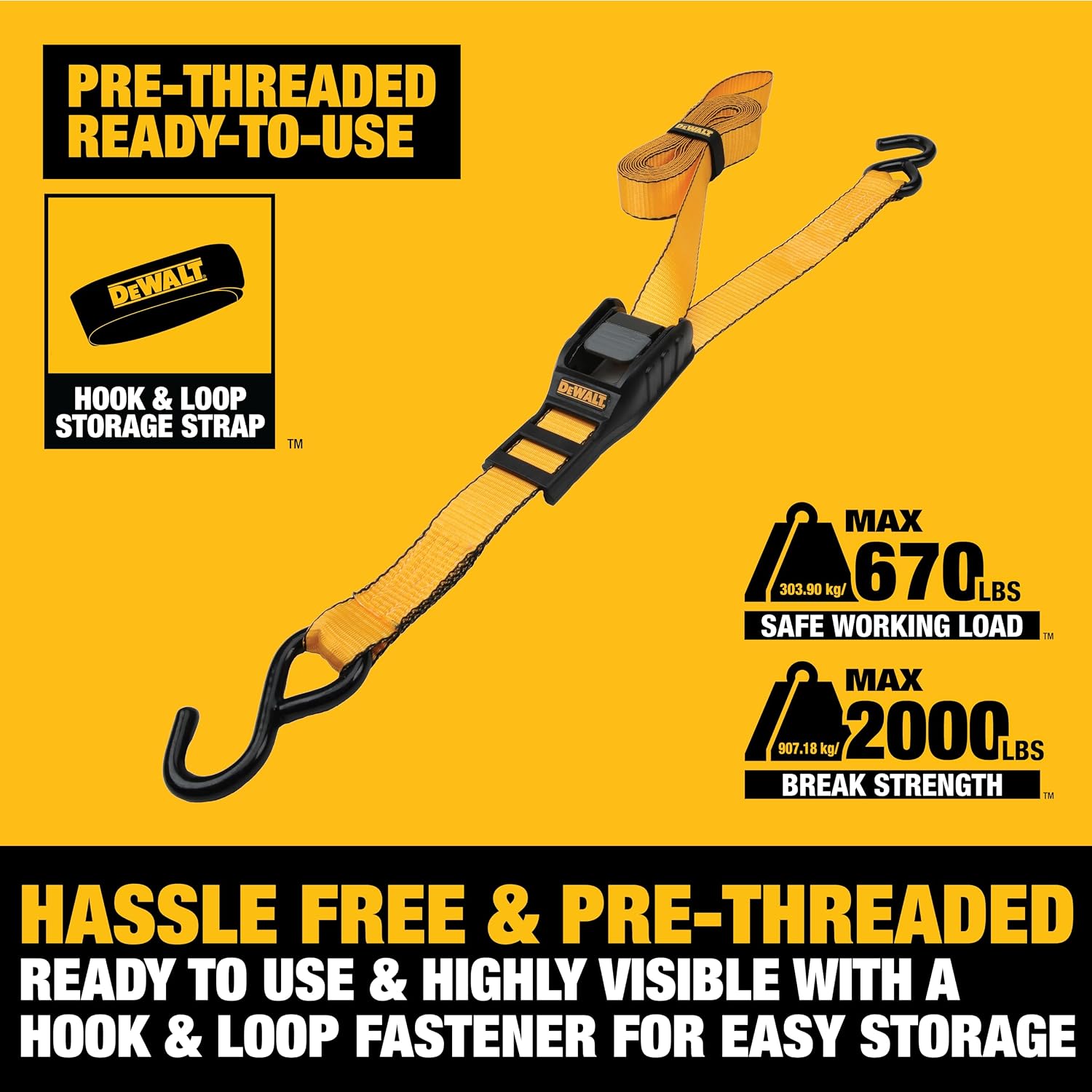 DEWALT 1.25"×14'×2,000 lbs Mid-Duty Cam Buckle Tie-Down Straps, 2-Pack | Heavy‑Gauge Steel Frame, Armored Rubber Shroud, Pre‑Threaded Weather‑Resistant Straps,Coated S‑Hooks, For Midweight Cargo