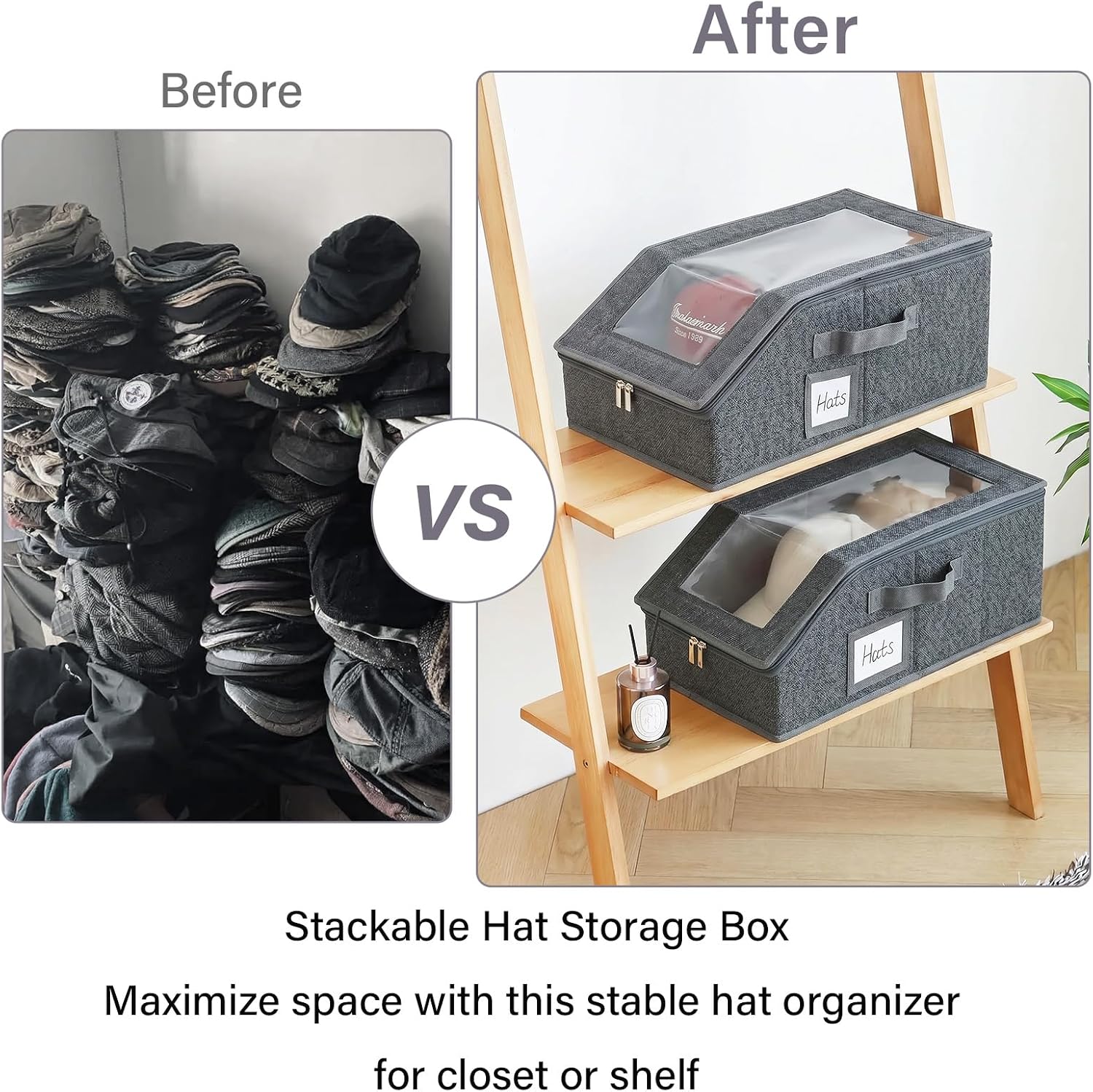 Furlide 2PCS Hat Storage Box with Clear Flip-Top Lid and Front Opening-Stackable Foldable Hat Organizer for Closet, Baseball Cap Storage Box, Hat Storage Bins with Handle for Shelf, Dark Grey