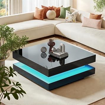 LUMISOL LED Square Coffee Table with Plug-in 16-Color LED Strip Lights, 31.5 in Modern Design Center Table with Remote Control for Living Room, Black
