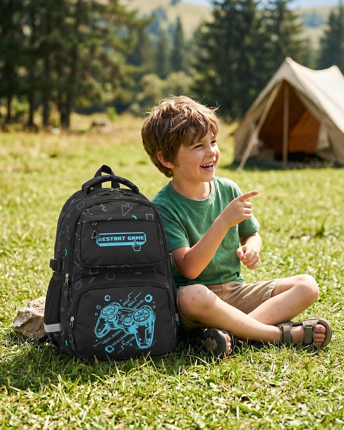 Amythe Schulranzen Jungen 1. bis 4. Klasse Reflektierend, Spielkonsole | Nachtleuchtend Wasserdicht Laptopfach Leicht Spielkonsole Daypack Multitasche Geräumig Robust für Schule Reisen Wandern