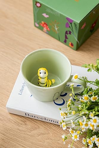 Miniatura 6 de DIHOclub Taza de café de cerámica de oruga oculta en el interior de animales en 3D, serie de jardín, hecha a mano con figuras de oruga (verde claro)
