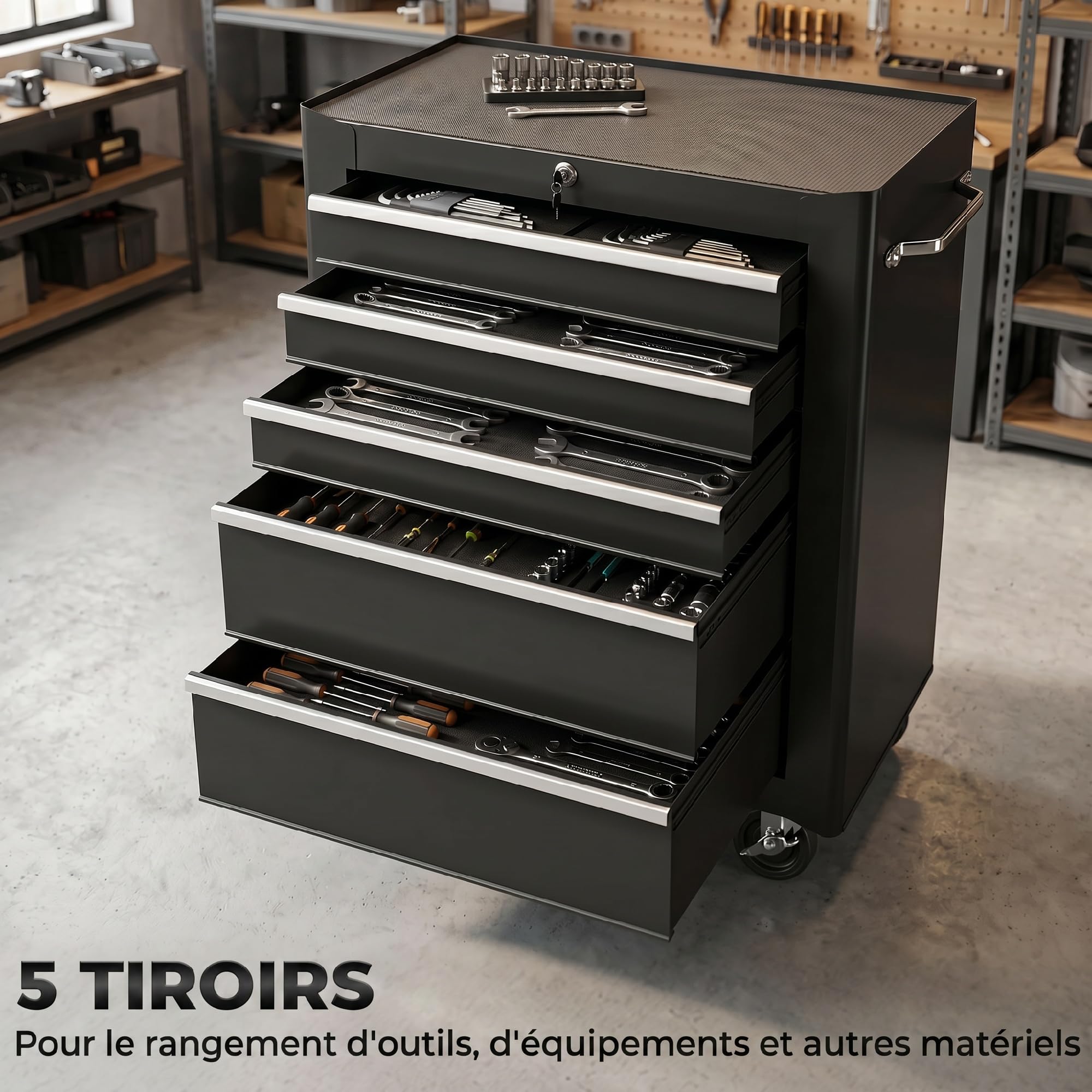 HOMCOM Servante d'Atelier Vide en Acier 5 Tiroirs sur Roulettes Noir | Chariot à Outils, Verrouillable 2 Clés, Tapis EVA Antidérapant, Caisse à Outils Pour Atelier, Garage