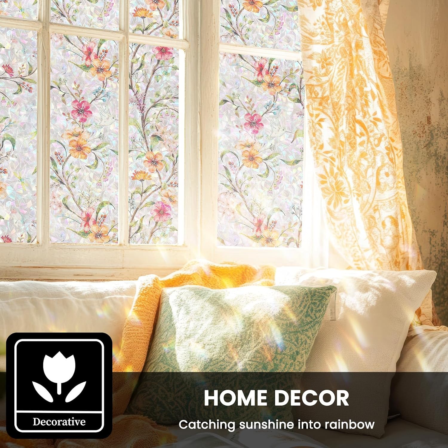 Stained Glass Window Film, Window Privacy Film with Sun & UV Heat Blocking, Floral Static Cling Window Tint, Rainbow Decorative Sticker for Home 23.6 x 78.7 Inches