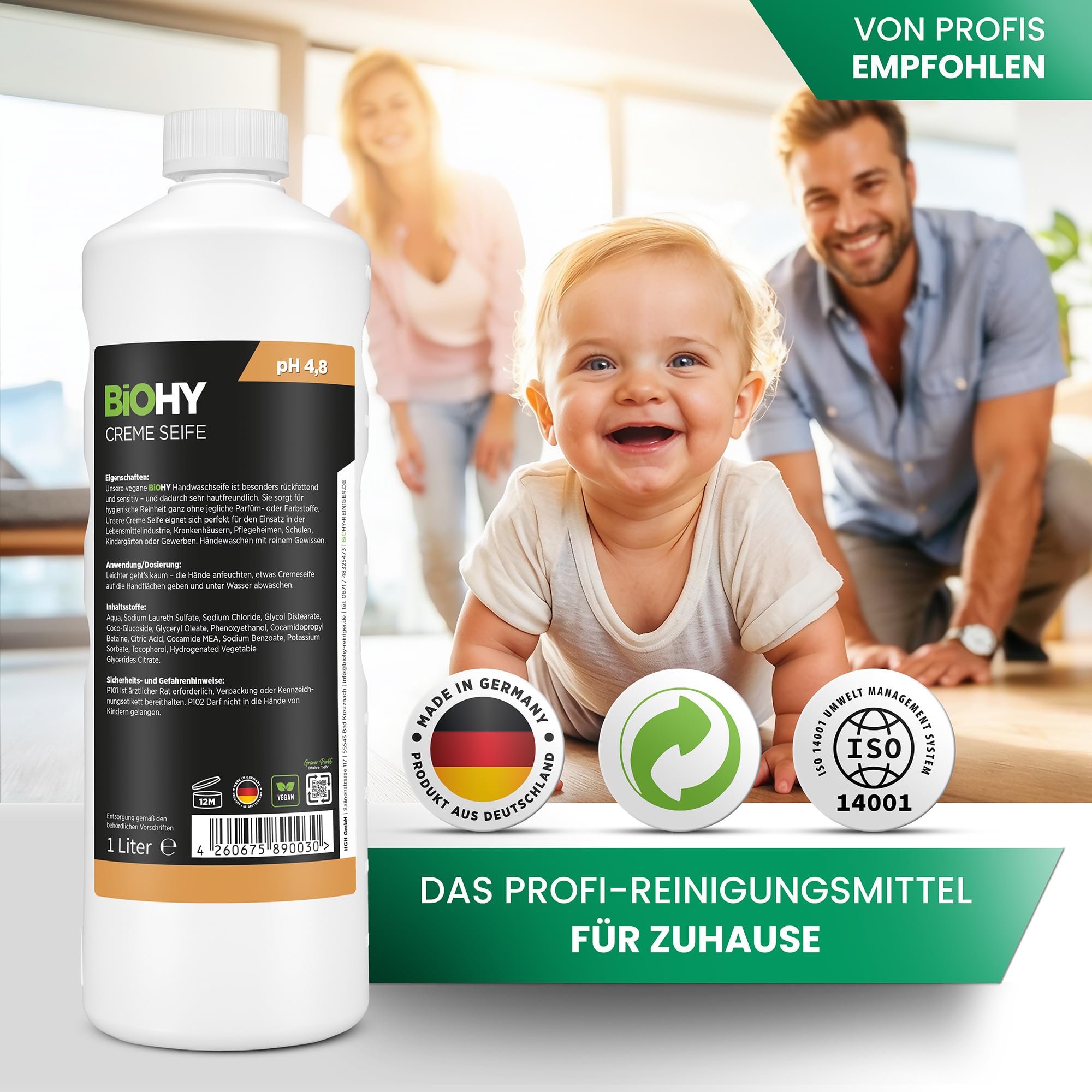 BiOHY Mydło kremowe (10l kanister) + kranik spustowy | Przyjazny dla skóry, odtłuszczający i bezzapachowy wkład do mydła | BEZ FOSFORANÓW | Bez perfum i barwników (Creme Seife)