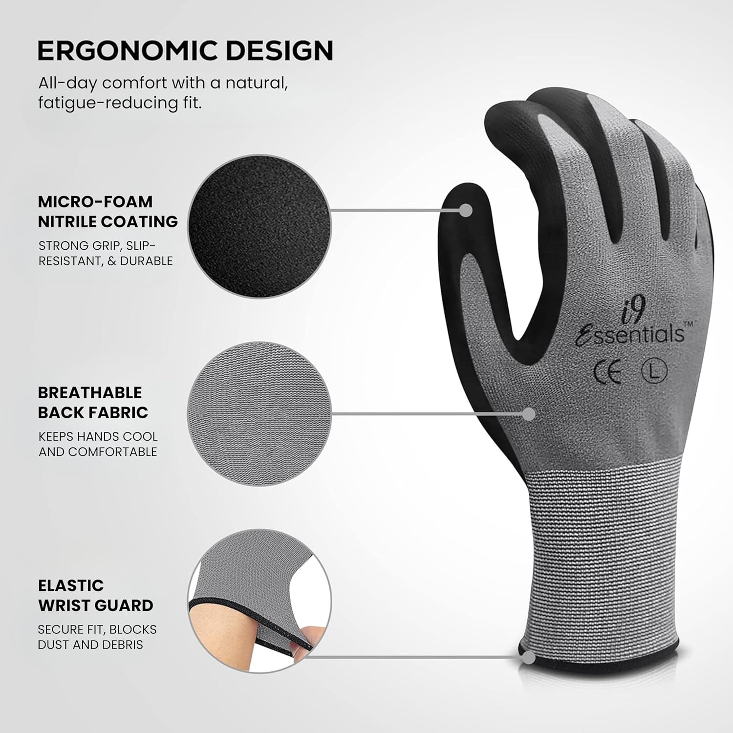 I9 Essentials MicroFoam Nitrile Coated Work Gloves, 12 Pairs Lightweight Touchscreen Safety Grip Gloves for Men & Women, Carpentry, Gardening, Construction & General Work (Large)