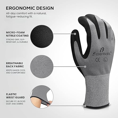 Miniatura 6 de I9 Essentials 12 pares de guantes de trabajo de microespuma con revestimiento de nitrilo para pantalla táctil, guantes de seguridad de agarre