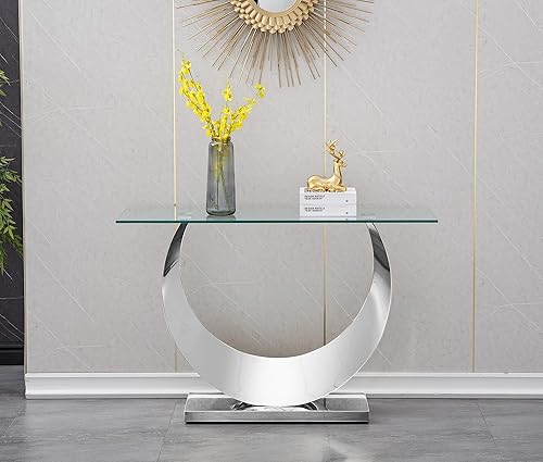 Miniatura 27 de Mesa consola de cristal dorado de lujo moderna de 55 pulgadas, mesa de entrada delgada con base de acero inoxidable brillante con espejo Consola