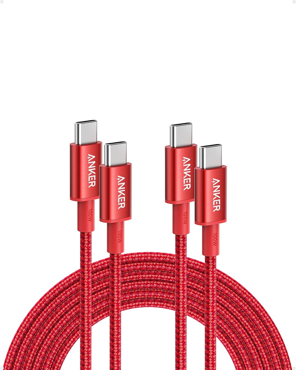 Cable USB C a USB C Anker, cable de carga rápida de 100 W (paquete de 2, 10 pies, rojo) | Para iPhone 17 Series, MacBook Pro 2020, Pixel y más (no para salida de video)