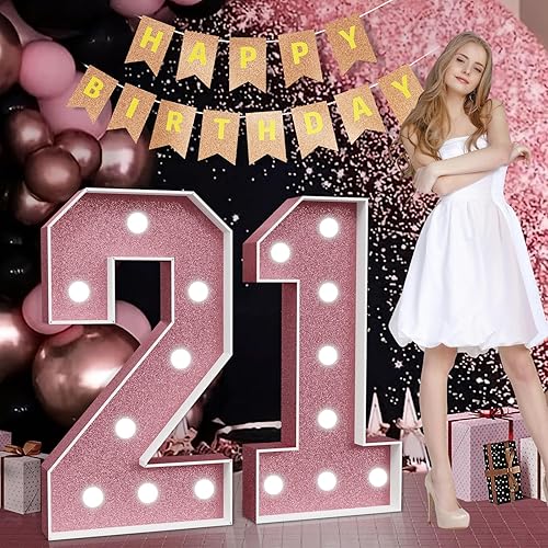 Marquee Numbers Pink 21st-Birthday Decorations: Large 3ft Light Up Number Rose Gold 21 Birthday Decoration for Women Men Twenty One Year Old Decor Party Backdrop Anniversary Big Mosaic Number 21
