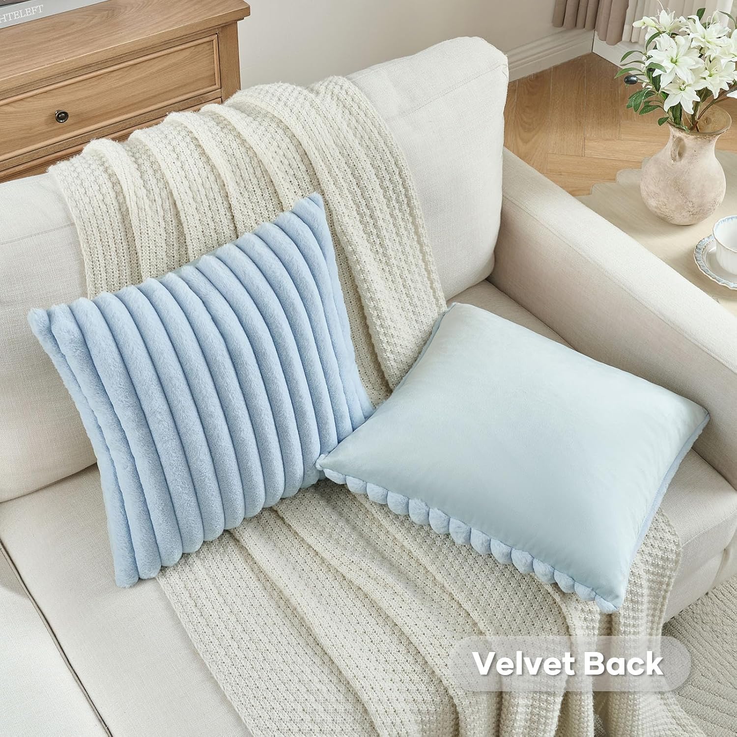 FUTEI Light Blue Throw Pillow Covers Set of 2, 18x18 Inch Soft Faux Rabbit Fur Striped Texture Cushion Cases, Modern Decorative Couch Pillows for Living Room Bed - Image 4