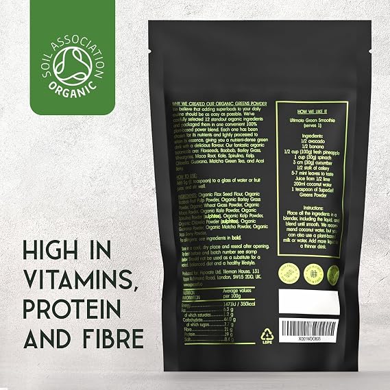 SuperSelf Organic Super Greens Powder - بدون إضافات - 12 Supergreens - Daily Superfood Green Powder with Matcha، Spirulina، Wheatgrass، Chlorella، Acai - 40 Servings - High in Vitamins Protein Fiber