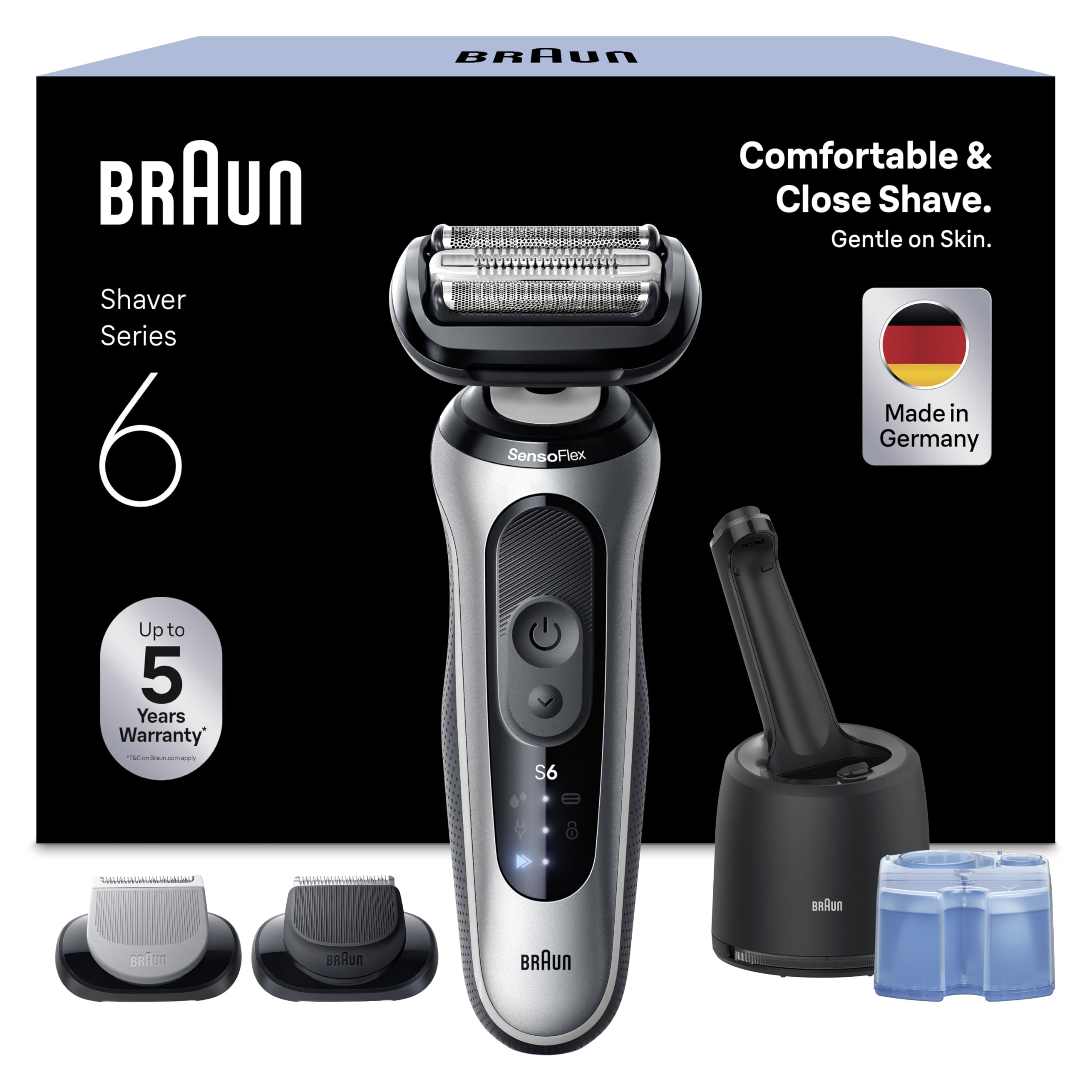 Braun Series 6 Electric Shaver for Men, Wet & Dry Razor with 4in1 SmartCare Center, Beard Trimmer & Body Groomer Attachments, 100% Waterproof, 60min Runtime, Made in Germany, Model 62-S7650CC, Silver