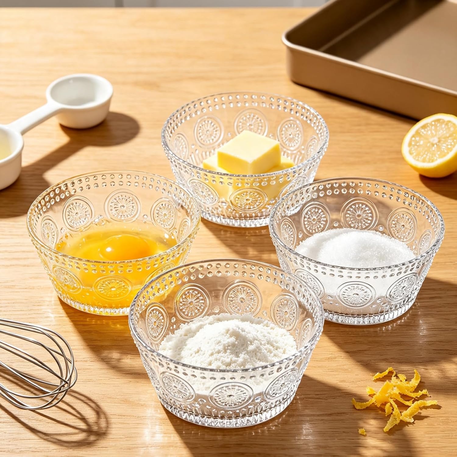 6 Pack Small Glass Bowls Set, 12 Oz Embossed Prep Dessert Bowls