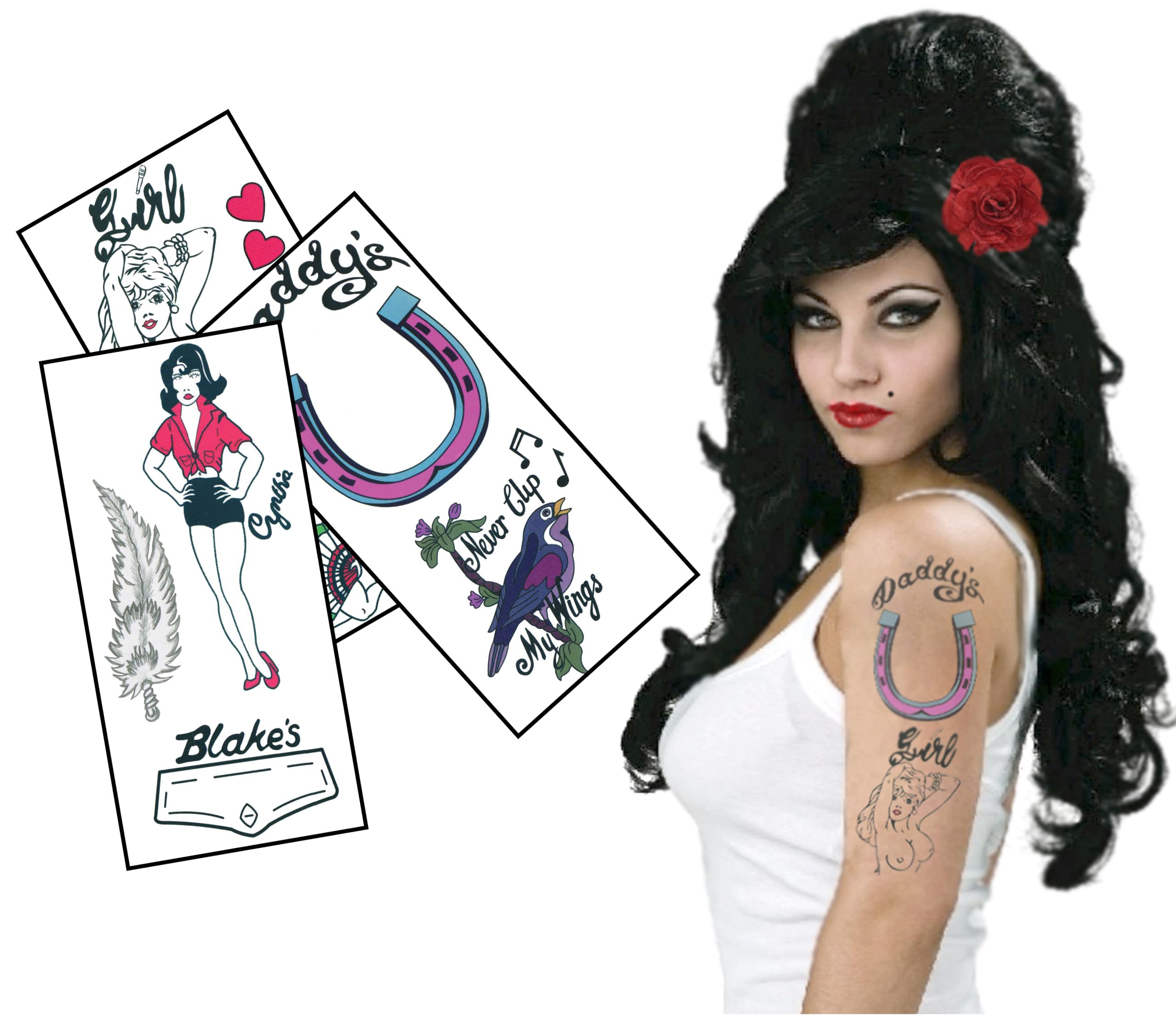 Amy Inspired Temporary Tattoos – Realistic Rehab Tattoo Sheet for Halloween, Fancy Dress & Festivals – Skin Safe Fake Tattoos for Adults