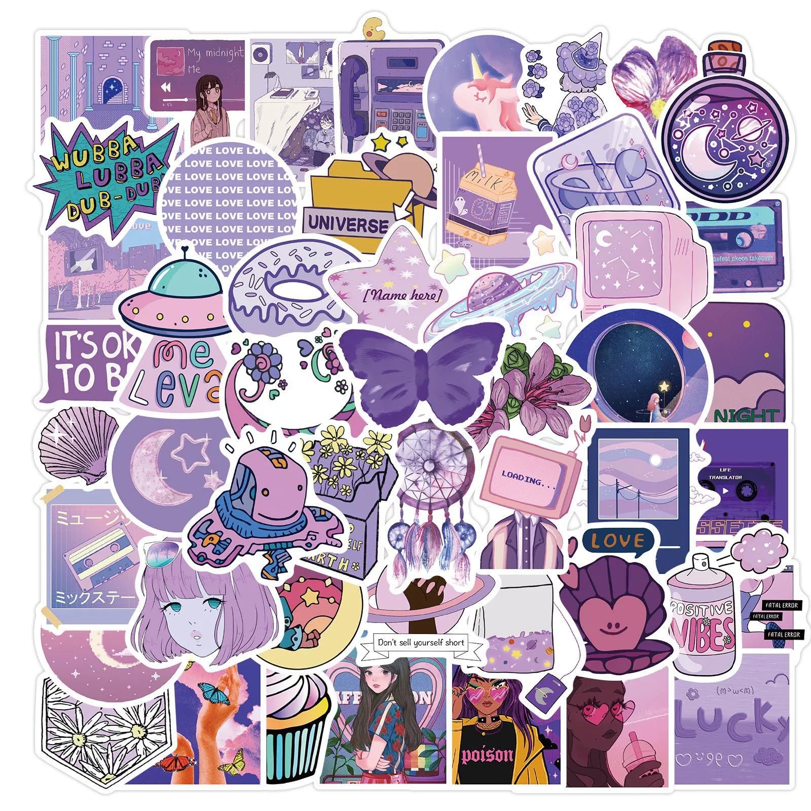 Kaensc Girls Purple Graffiti 50Pcs Aesthetic Stickers For Kids Teens Adults,Trendy Cute Waterproof Decals For Water Bottle Guitar Phone Scrapbook Helmet Laptop Skateboard Luggage Bicycle Refrigerator