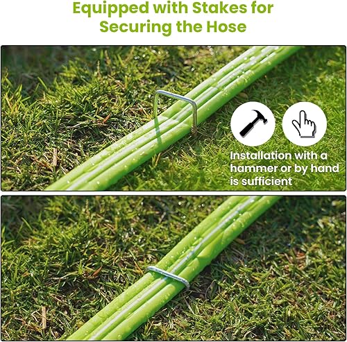 Miniatura 6 de Manguera de riego de 50 pies con agujeros, manguera de riego de jardín con estacas, rociador de manguera de goteo, ahorro eficiente de agua para