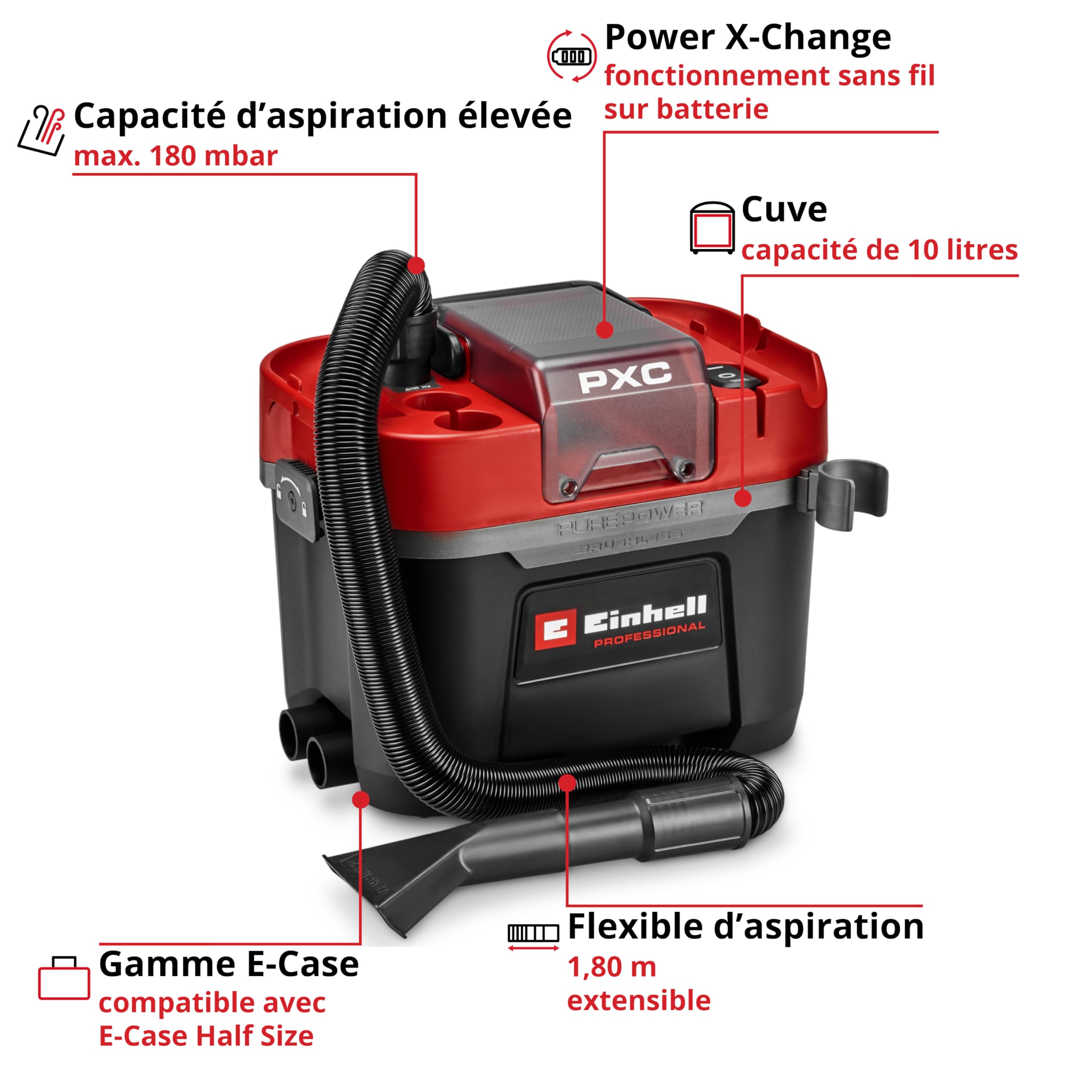 Einhell Professional Aspirateur eaux et poussières sans Fil TP-VC 18/10 Li BL L-Solo Power X-Change (18 V, Moteur brushless, cuve 10 L, 2 Modes d’Aspiration, Filtre à Plis et Buses, sans Batterie)