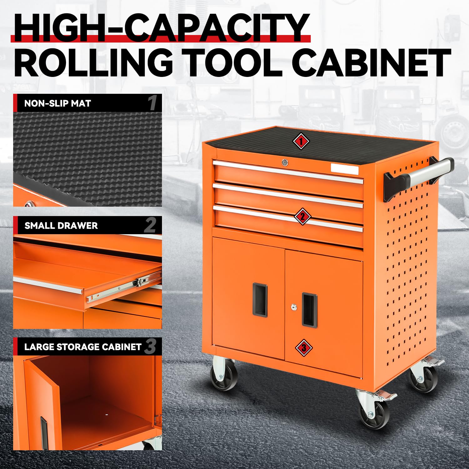 Auto Dynasty 3-Drawer Rolling Tool Cabinet, Rubber Top Roller Cart Tool Cabinet Storage Chest Box with Wheels and Key Lock for Garage Warehouse Workshop, Orange