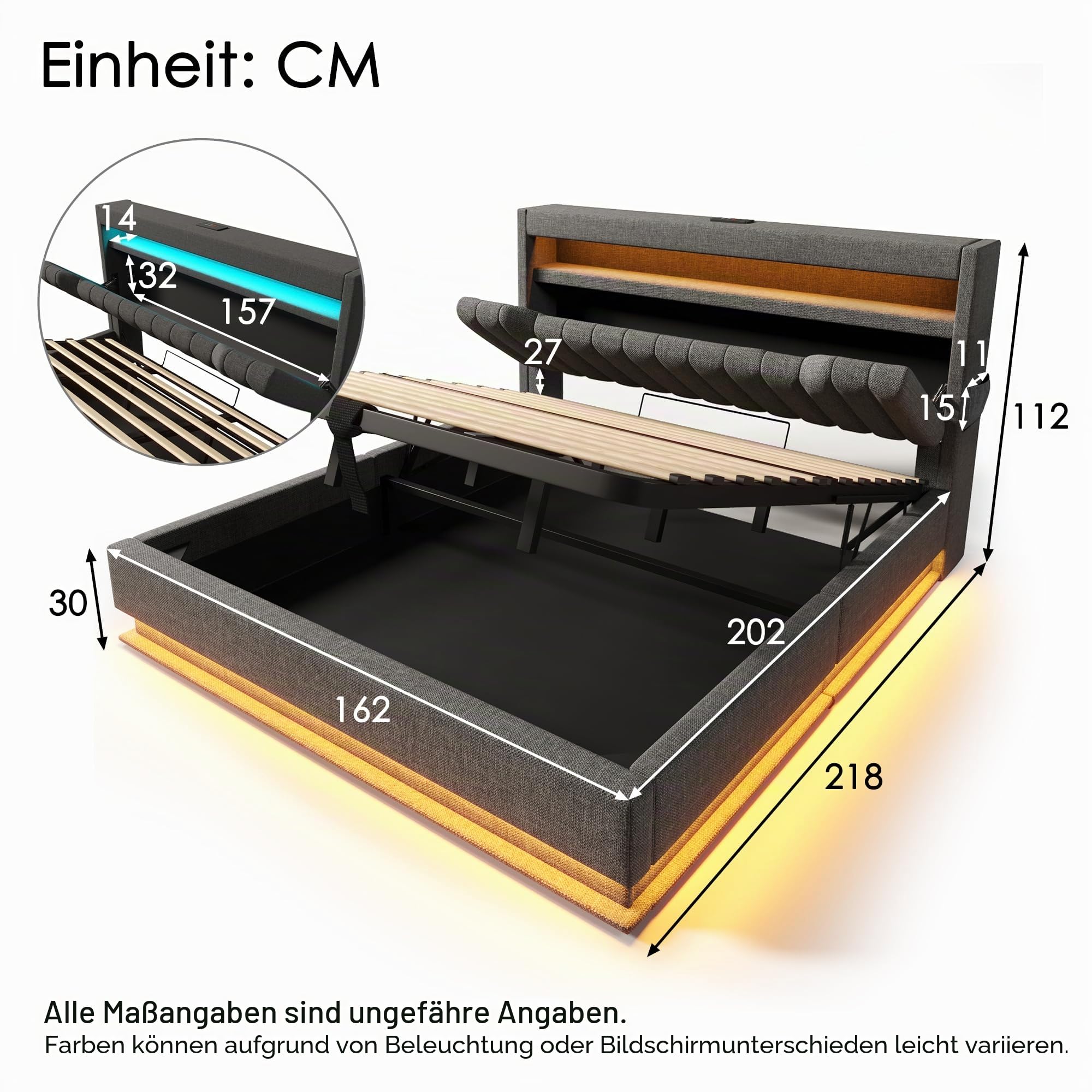 Polsterbett 160x200 cm, Stauraum-Kopfteil mit USB- und Typ-C Ladefunktion, Doppelbett mit Hydraulischem Stauraum, Bettgeltell mit LED und Lattenrost, Leinen, Grau, ohne Matratze