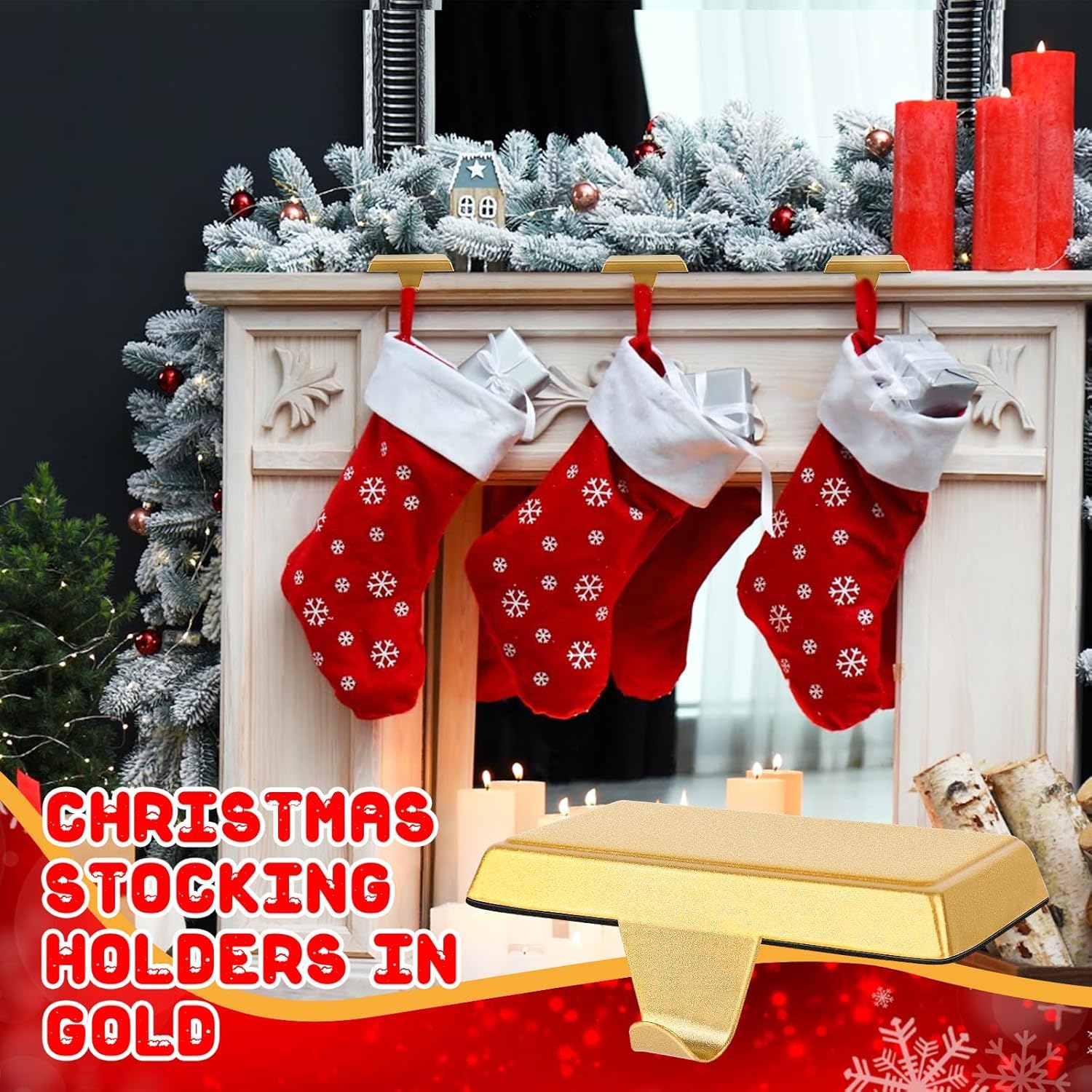 LATERN 4 supporti per calze di Natale, in metallo dorato, ganci antiscivolo per regali di Natale, camino, camino, finestra, casa, ornamenti natalizi per feste