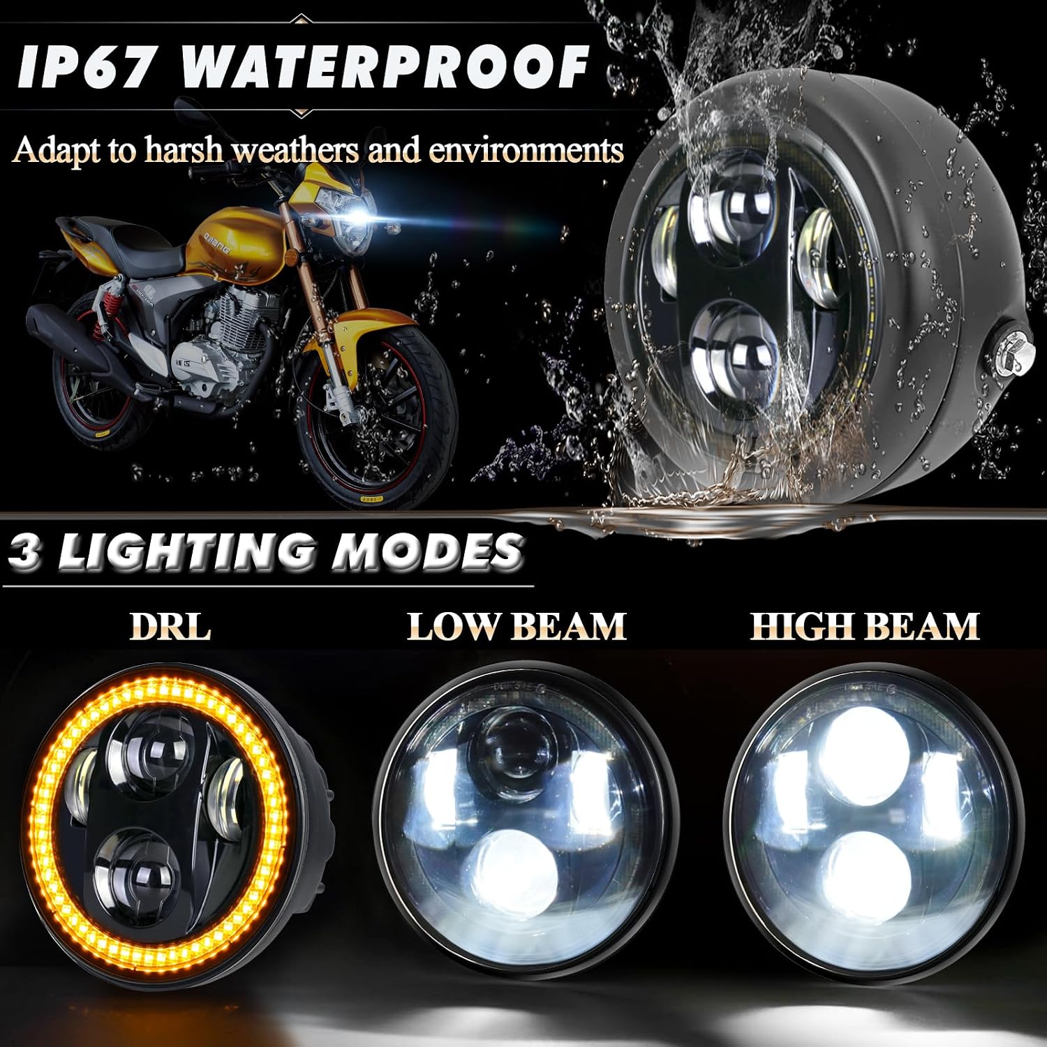 5-3/4 5.75" Motorcycle Headlight with Housing Bucket Smoke Halo Amber DRL