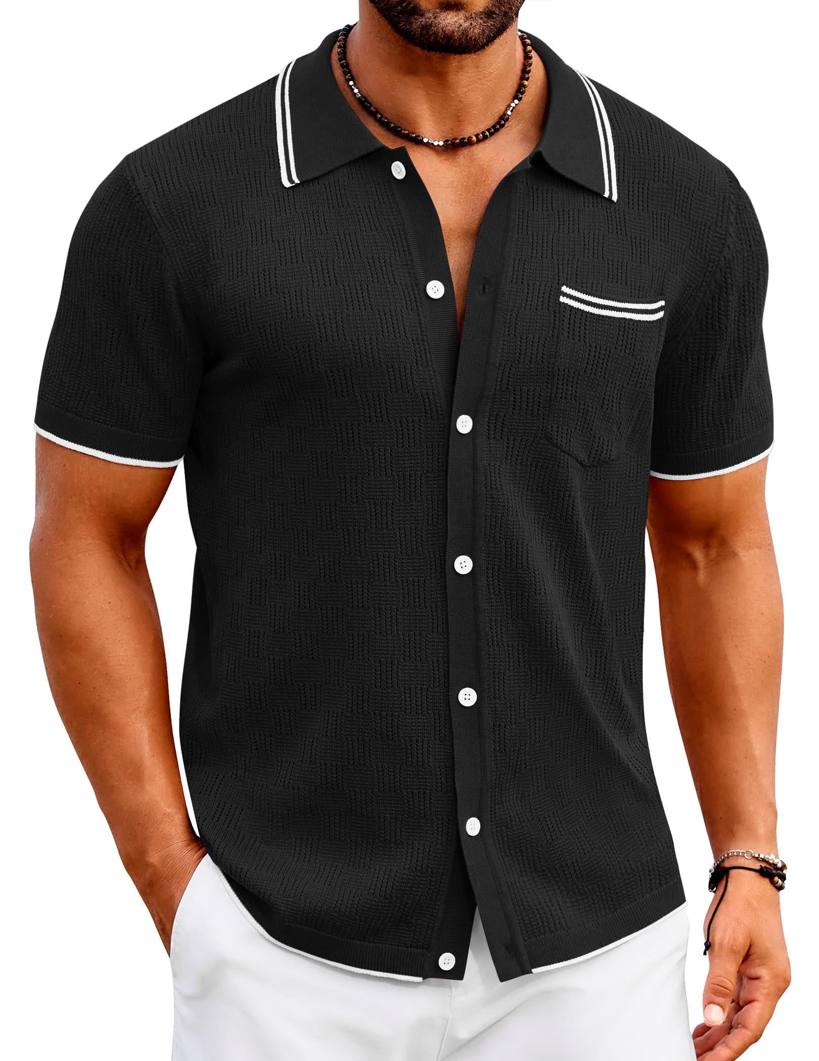 COOFANDY Men's Knit Button Down Shirt Vintage Polo Shirts Short Sleeve Summer Beach Shirts