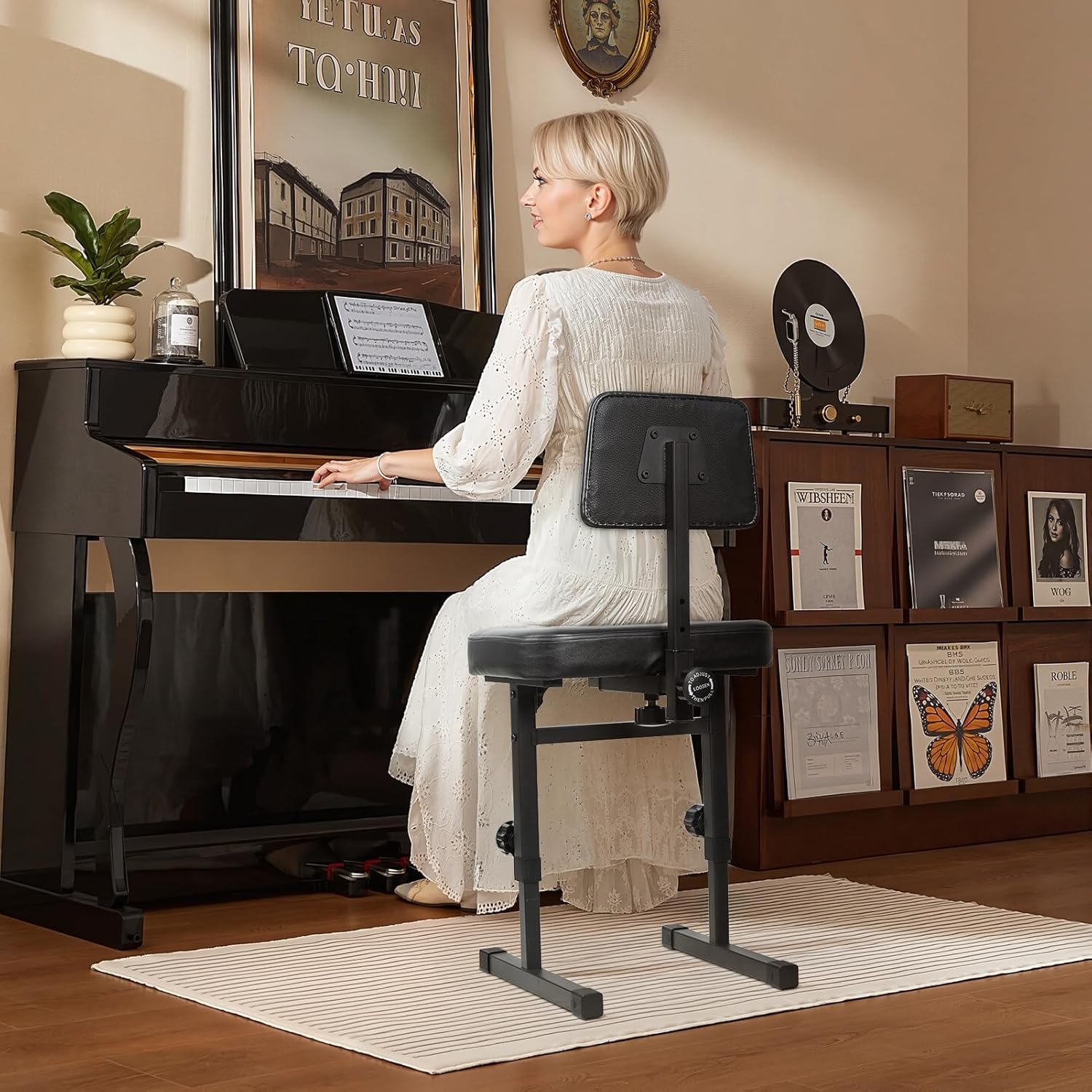 Piano Bench Adjustable Stool, Keyboard Bench Padded Piano Stool with Detachable Backrest Anti-Slip Rubber Foot Musicians Pianos Stools Chair for Pianos Keyboard Stand Black Black