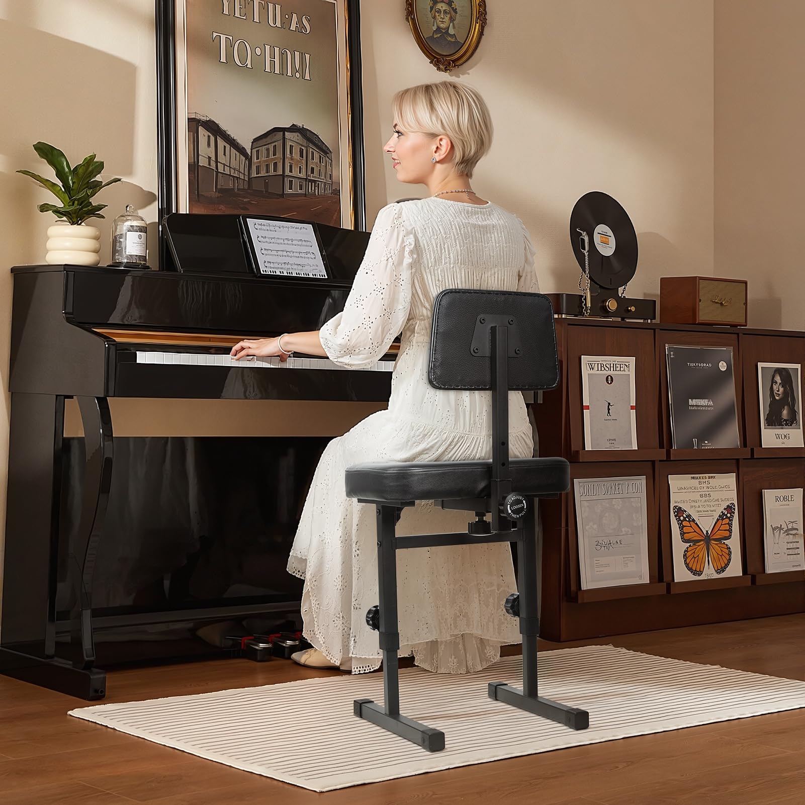 Professionelle Klavierbank mit abnehmbarer Rückenlehne, Hocker mit Tastatur, höhenverstellbar auf 5 Ebenen, schwarzes Kissen, gepolstert, robuster Musiksitz, Stil H, für Klaviere und Keyboards