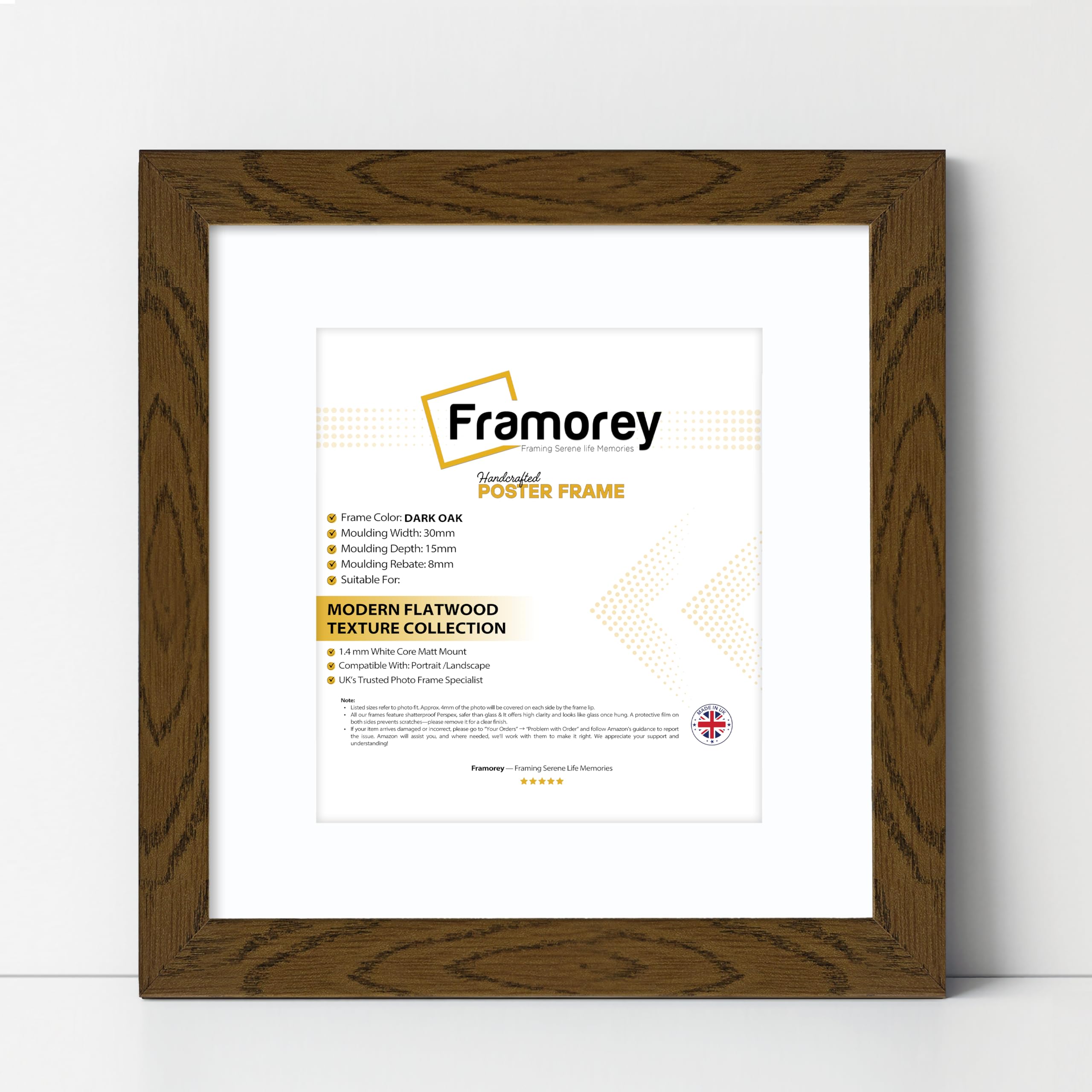 Framorey Framing Serene Life Memories Dark Oak With White Mount Framorey Square Oxford Flat Wooden Effect Picture Frame, 28X28" Size Dark Oak Photo Frame With 24X24" Size White Mount, Photo Print Frame, Best Photo Frames For Birthday Gift
