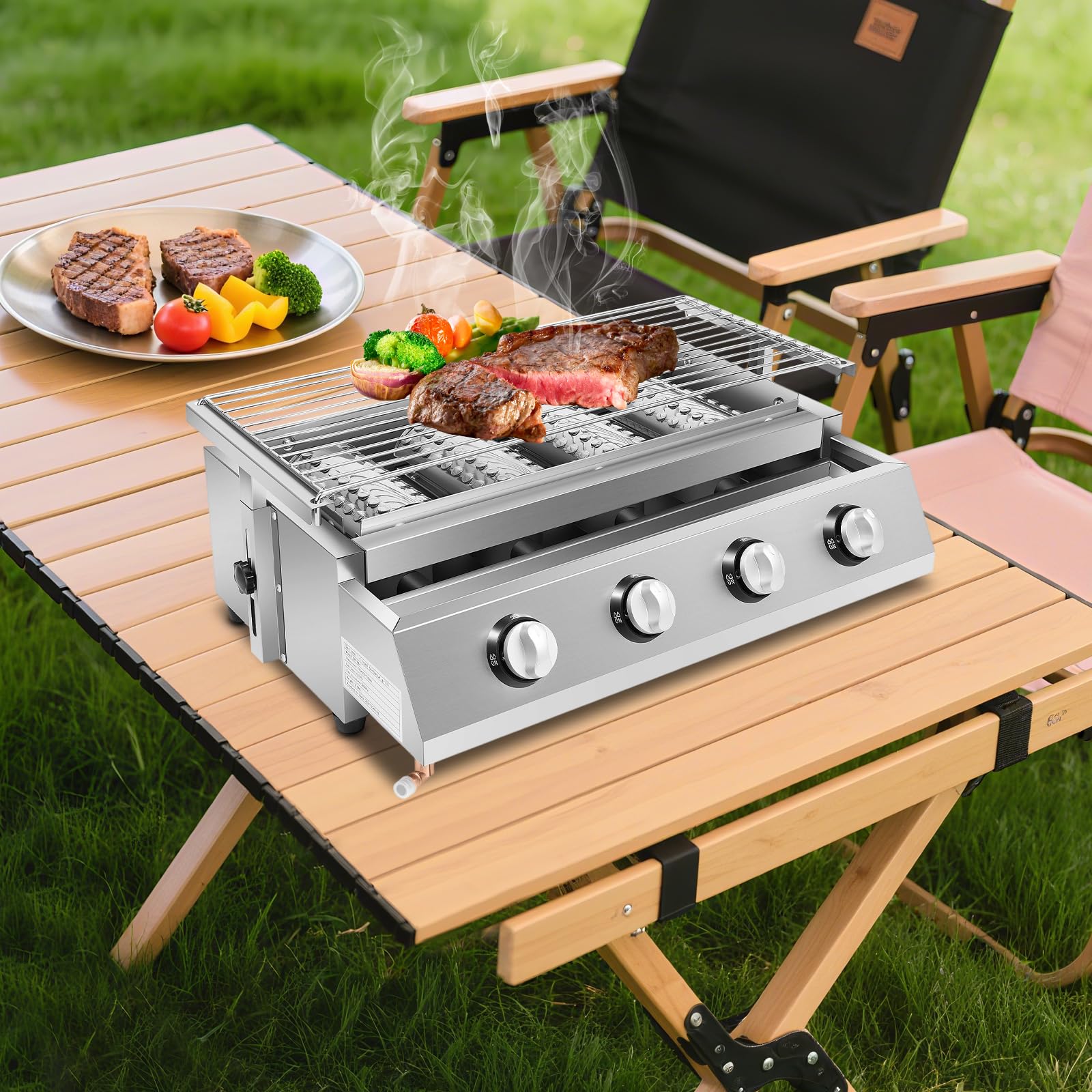 Barbecue a gas, regolabile in altezza, con 4 bruciatori indipendenti, riscaldamento rapido, in acciaio inox, senza fumo, per balcone, terrazza, superficie barbecue da 9 kg
