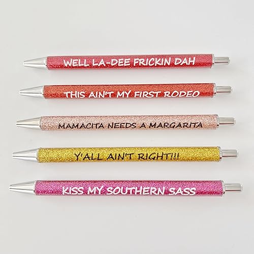 Jxueych 5 bolígrafos lindos con purpurina y frases divertidas, bolígrafos pasivos y elegantes, regalos para colegas, suministros de oficina (Kiss My