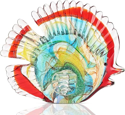 DOVDOV Estatuas y esculturas de peces de vidrio soplado, peces de vidrio rojo arte moderno para decoración del hogar estilo costero, estantes,