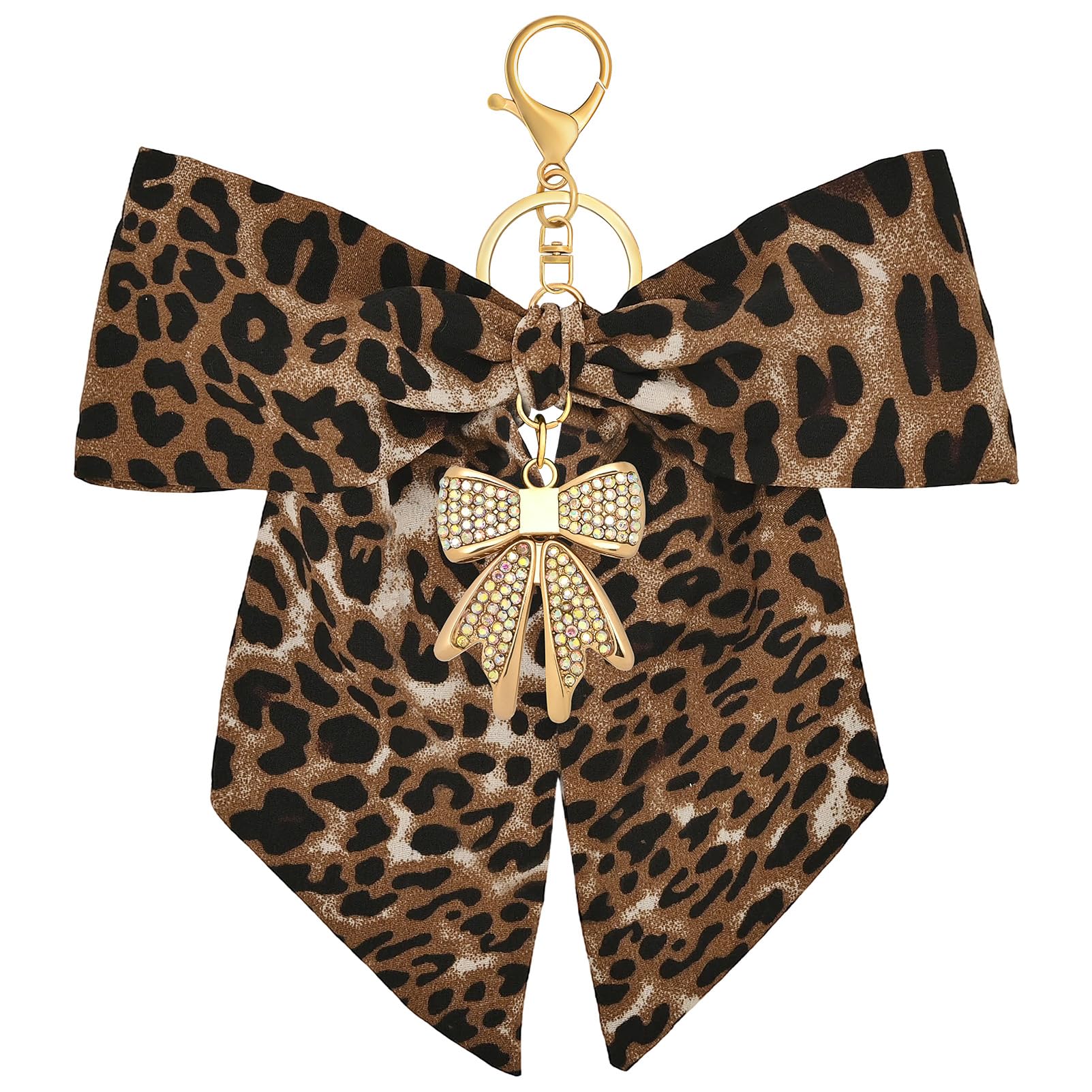 Snylcce Leopard Bow Keychain Alloy Key Ring Bag Charm Purse Charm with Rhinestone for Women Car Keys Handbags Backpacks Gold Colorful Rhinestone