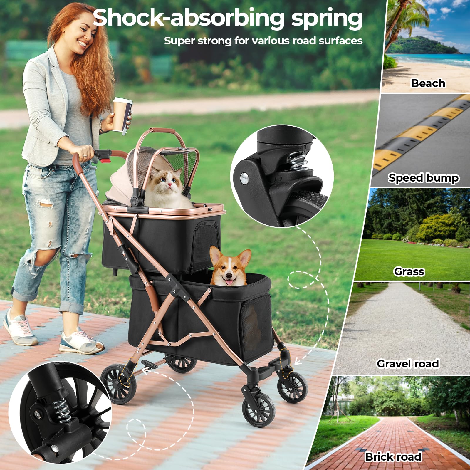 MAMIZO Passeggino Doppio Strato per Cani, Pieghevole Passeggino per Animali Domestici fino a 15 kg, Carrello per Cani, Passeggino Cane con Finestre a Rete e Portabevande e 4 PCS ruote, Nero