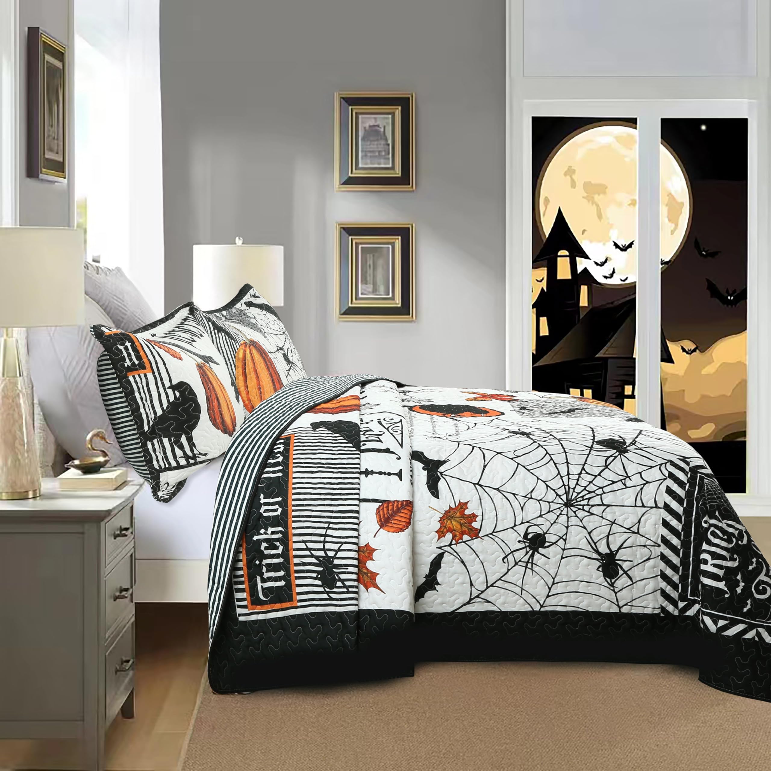 MarCielo Halloween Tagesdecken-Set Für Kinder - Mit Kürbissen, Katzen & Spukhäusern