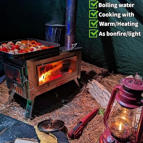 Miniatura 3 de DANCHEL OUTDOOR Estufa de leña plegable para tienda de campaña caliente con gato de estufa para camping, portátil de acero inoxidable 304, estufa de