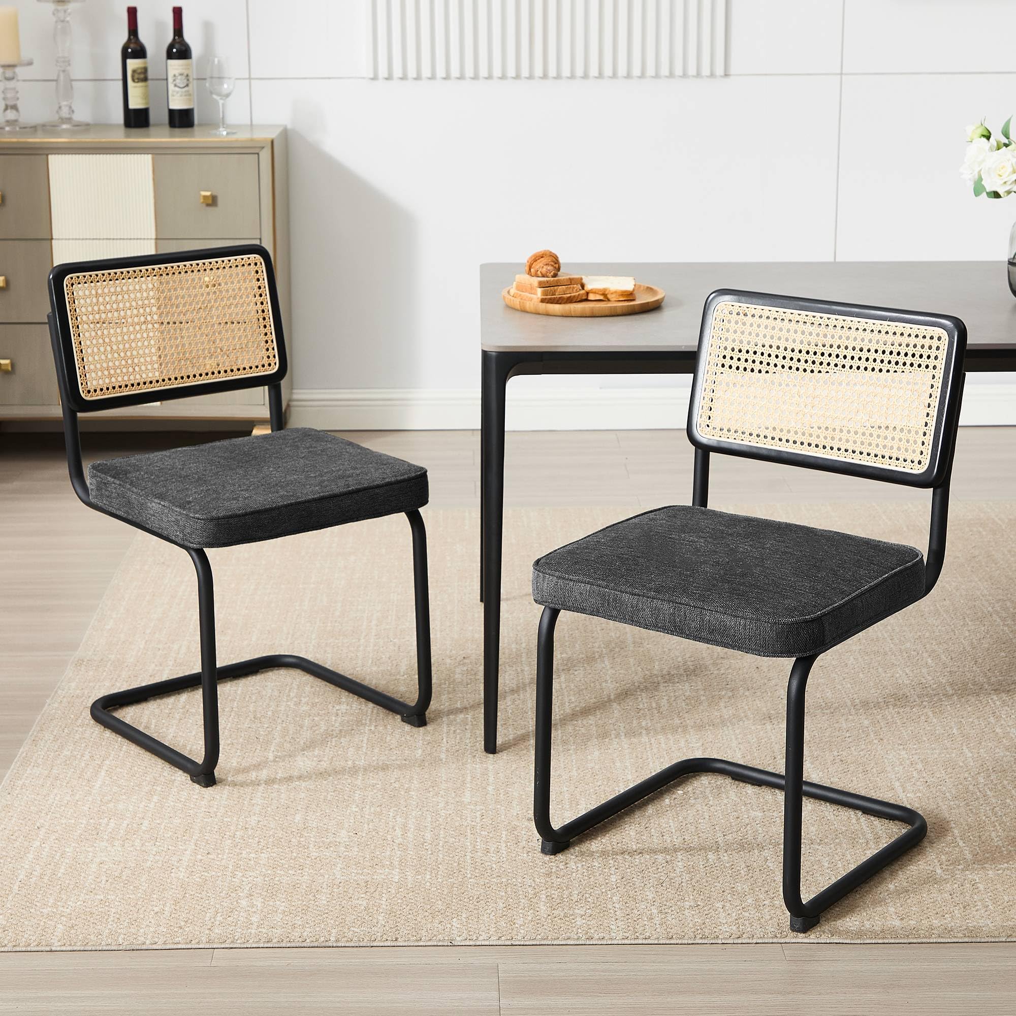Zesthouse Rattan Dining Chairs Set of 2, Accent Mid-Century Kitchen Table Armless Side Chairs with Metal Legs for Living Room Bedroom Study Reading, Linen Seat, Dark Grey