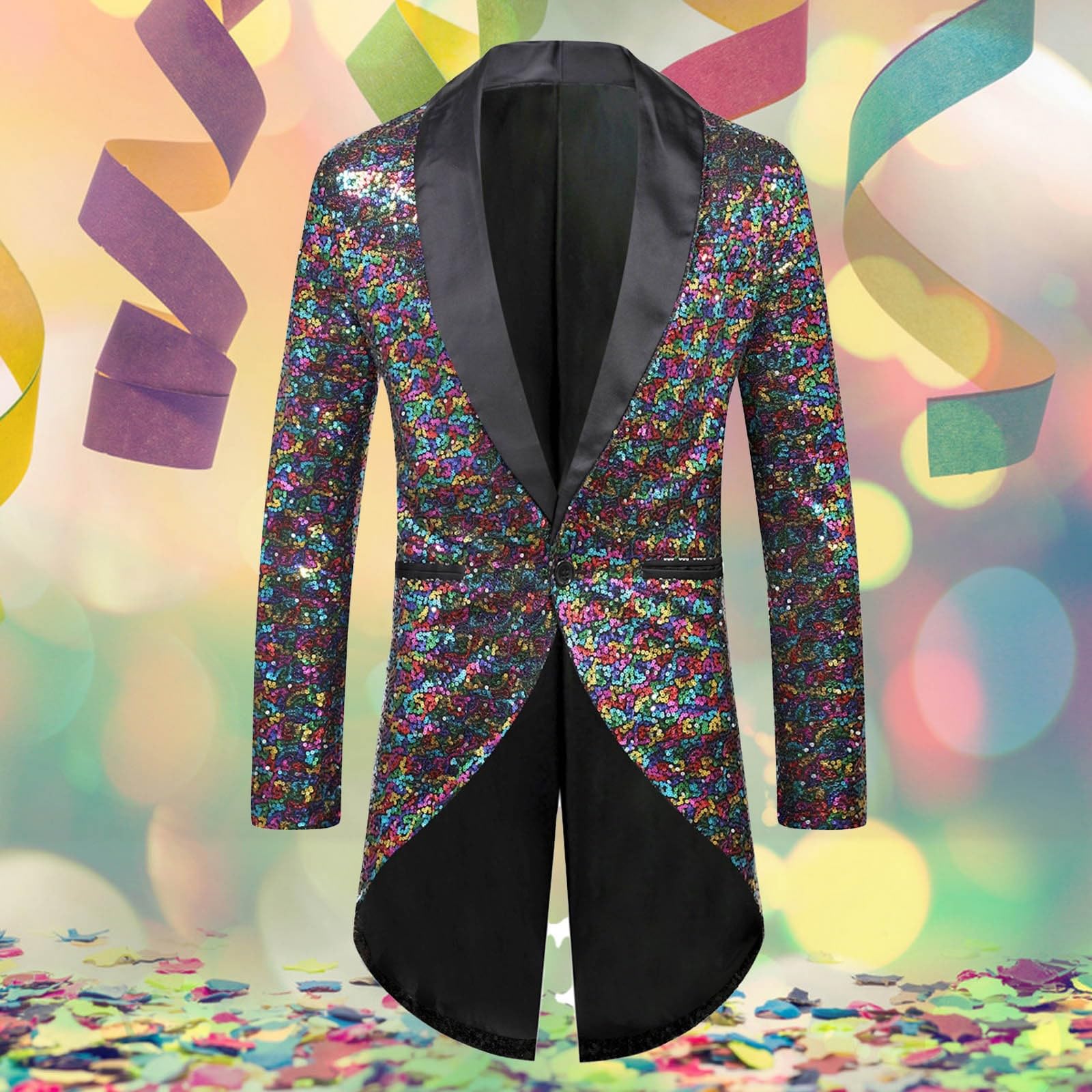 Herren Frack Pailletten, Gothic Jacke Herren Midi, Schwarz Glitzer Mantel mit Knöpft Elegant Tuxedo Mittelalter Steampunk Gehrock Viktorianische Hof Kleidung Nightclub Party Halloween Kostüm