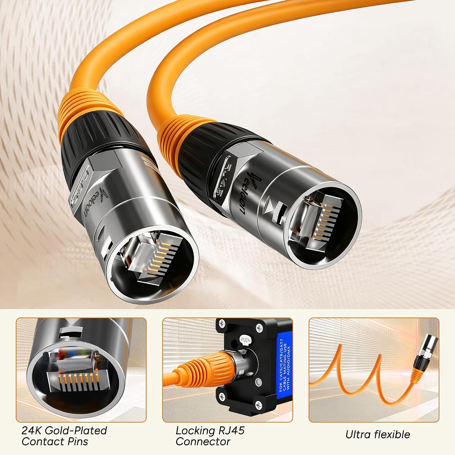 CAT6A S/FTP EtherCON Cable 100 FT,10Gbps Professional Audio & Lighting Locking RJ45 Cable,26AWG OFC UV Resistant PVC for DMX,Stage,Studio Live Touring,Concerts ,Studio-Grade Sound Transmission,Yellow