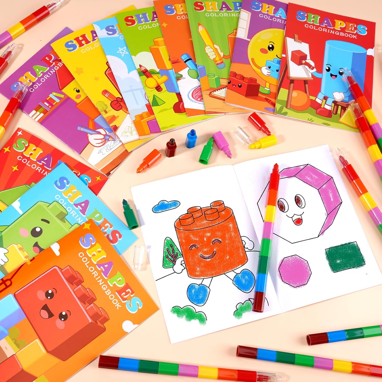 BenLouis 24 Building Block Mini Coloring Books Kids with 24 Stacking Crayons Geometric Shapes Party Favors Activity Books Bulk for Kids Building Goodie Bag Gift Stuffer Classroom Reward