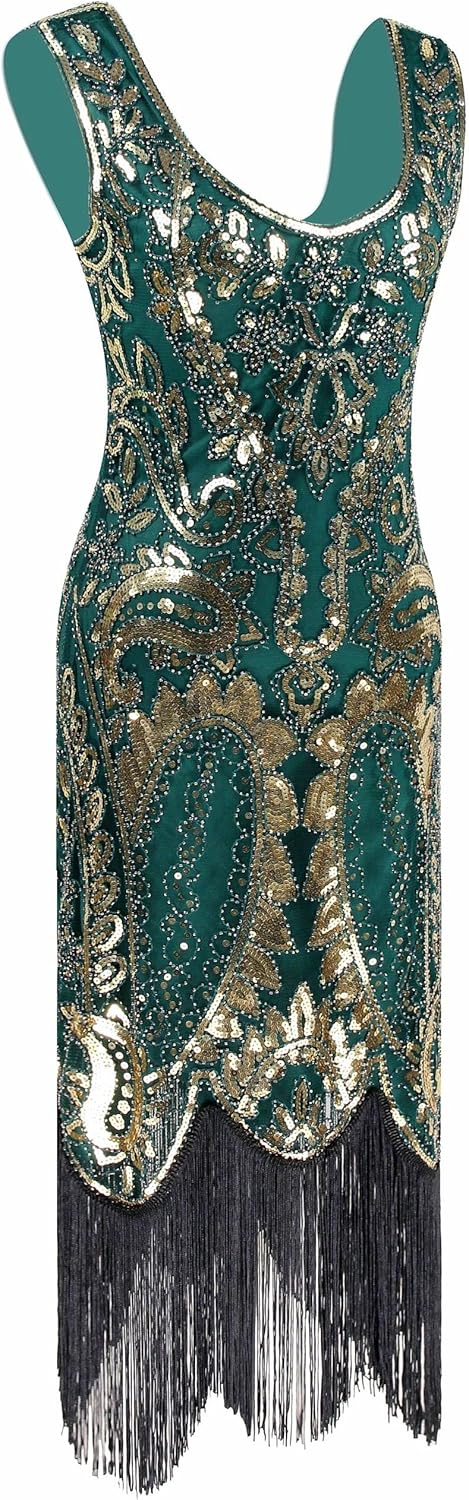 Womens Vintage Lace Fringed Gatsby 1920s Cocktail Dress with 20s Accessories Set - Image 3