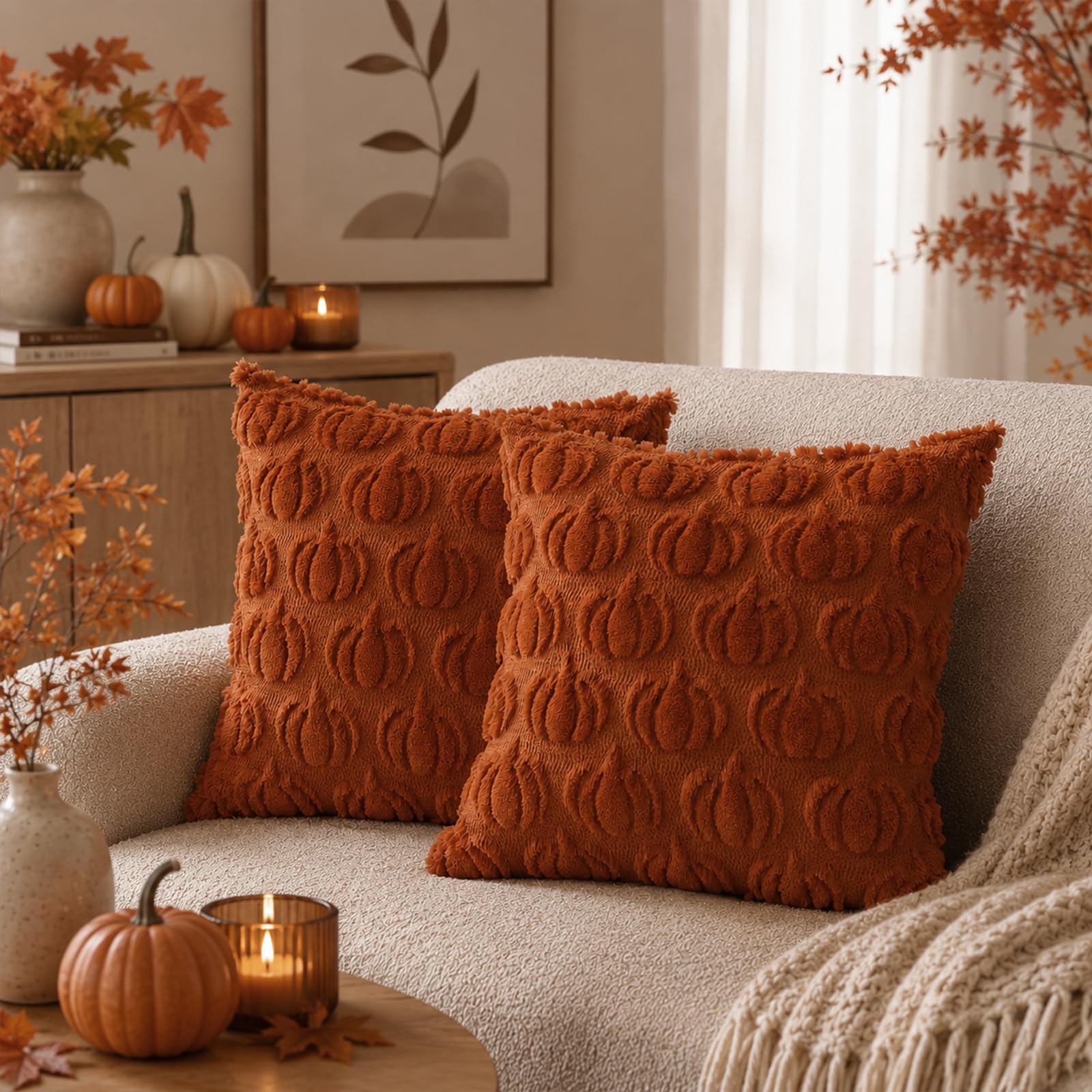 Zqisxze Autumn Cushion Covers 45x45, 2 Pcs Orange Fall Decor Pillow Cases