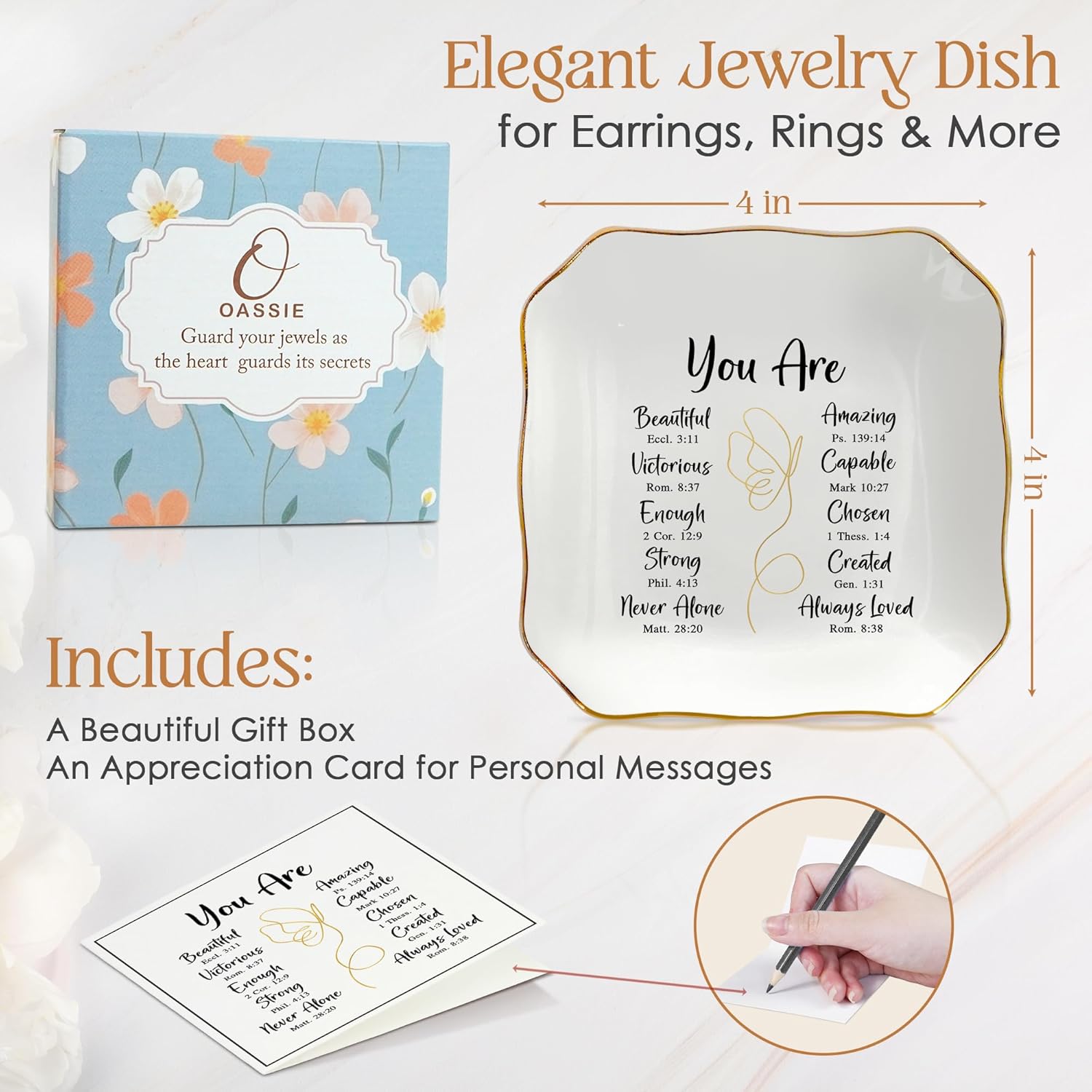 OASSIE Christian Gifts for Women Faith - You Are 4"x4" Ceramic Jewelry Dish Tray - Appreciation Inspirational Catholic Birthday Gifts for Women Friends, Wife Present Ideas, Trinket Dish Jewelry Tray - Image 3