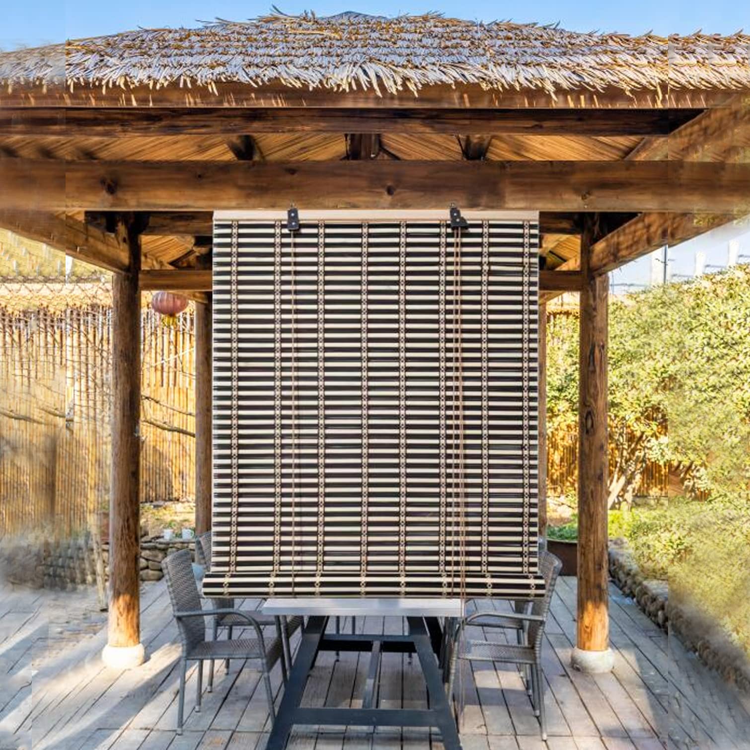 Bambus-Rollo – aufrollbare Holz-Fensterschirme, individuelle römische Farbtöne für Innen-/Außendekoration, atmungsaktiver Vorhang