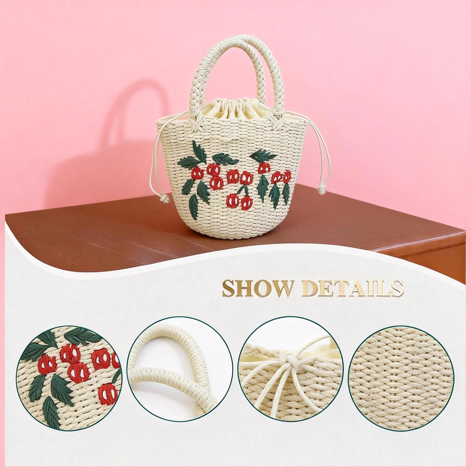 Embroidery-Detail Drawstring Straw Handbag for Women, Woven Straw Beach Bag, Summer Vacation Handbag，Clutch Purses for Women