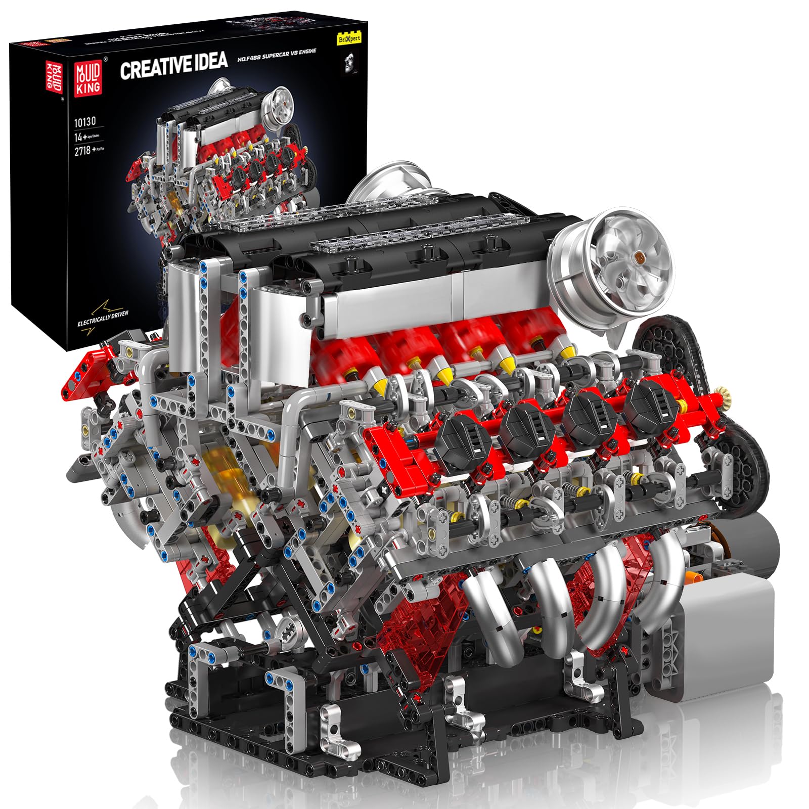 Mould King 10130 V8 Engine Building Blocks Set, Combustion Engine Model That Runs, Mini Twin-Turbo Engine Build Kit for Adults with Battery, Engineering Construction STEM Toy (2718 PCS)