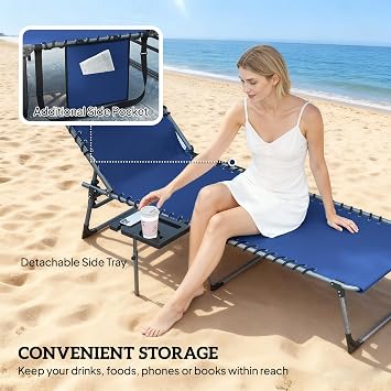 Outsunny Folding Sun Loungers Set of 2 Cup Holder Side Pocket Dark Blue