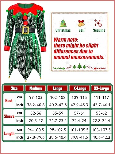 Miniatura 2 de AOTHSO Juego de 5 piezas de disfraz de elfo de Navidad para mujer, vestido de terciopelo con lentejuelas, sombrero de elfo, zapatos, cinturón sobre