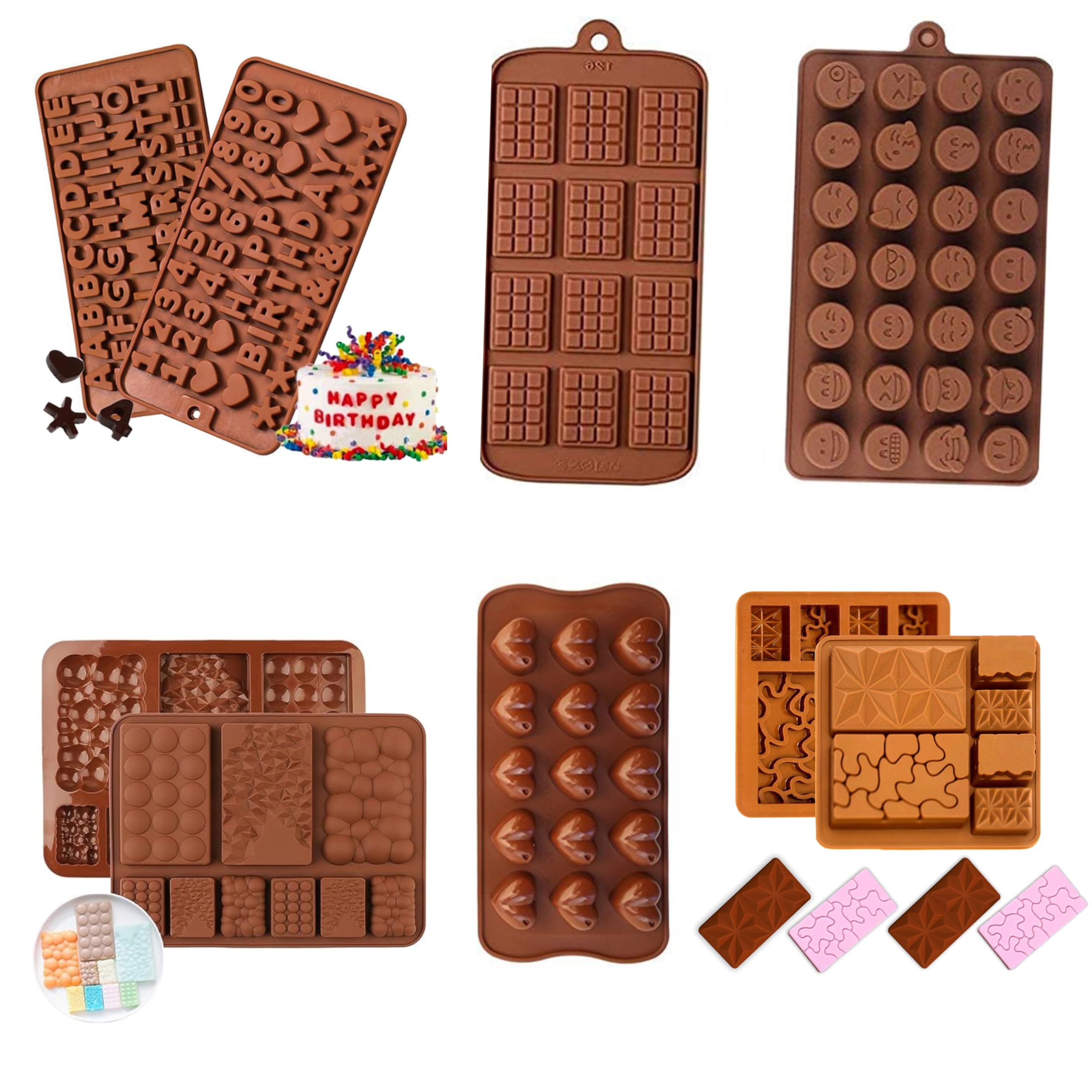 Sponsored Ad - MoldBerry Flexible and Reusable Silicone Alphabet, Smiley, Cadbury, Mini Heart, Chocolate Bar and Zigzag Chocolate Molds for Making Chocolate/Candy, Jelly, Cake Decoration - Pack of 6